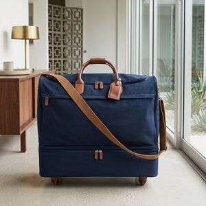 RARE Bric’s Navy Rolling Duffel Expandable Weekender Travel Bag Leather Trim